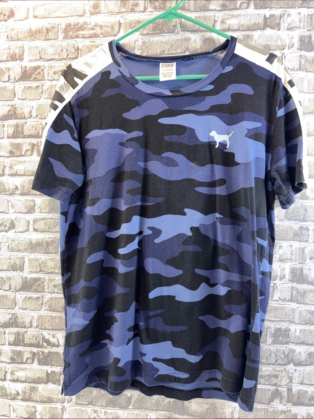 PINK Victoria's Secret Blue & Black Camo Short Sleeve Tee with Logo